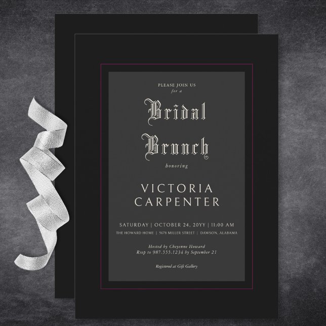 Convites Brunch Mínimo Negro e Borgonha Gótico Escuro (Dark Gothic Minimal Black & Burgundy Bridal Brunch Invitation)