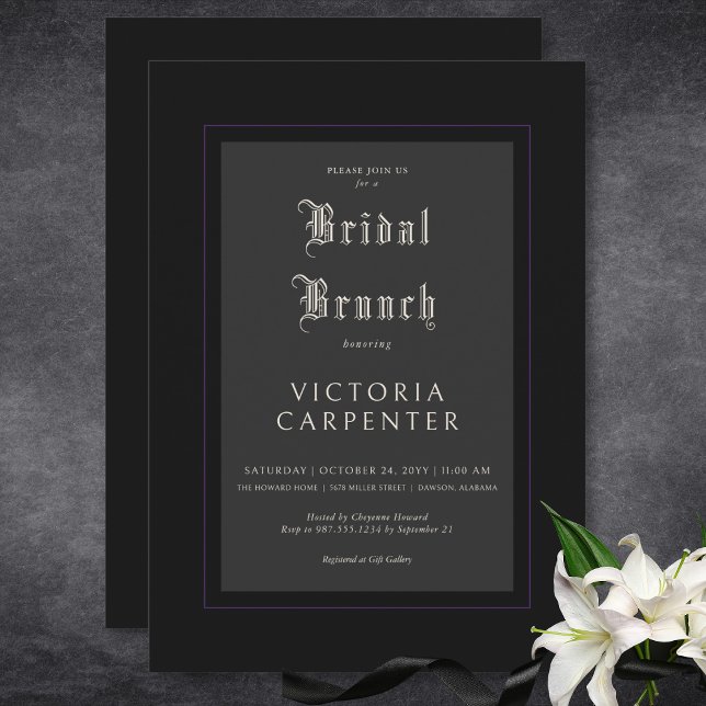 Convites Brunch Mínimo Negro e Roxo Gótico Escuro (Dark Gothic Minimal Black & Purple Bridal Brunch Invitation)