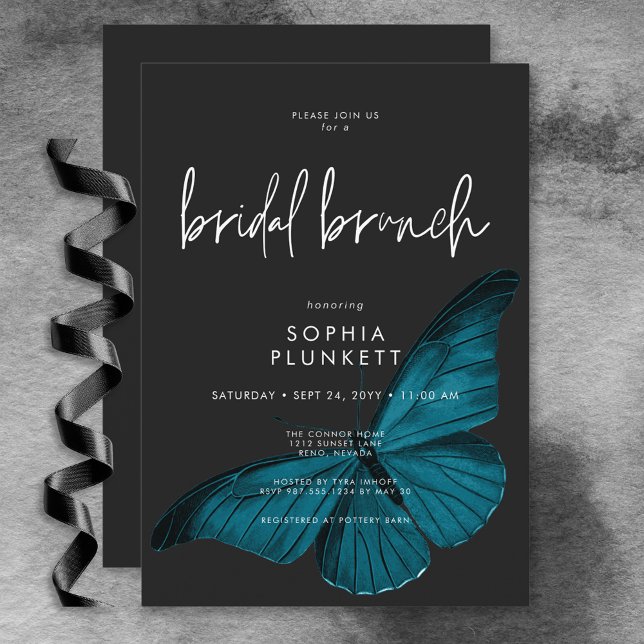 Convites Brunch Mínimo Névoa Névoa Névoa Escura (Dark Moody Minimal Teal Moth Bridal Brunch Invitation)