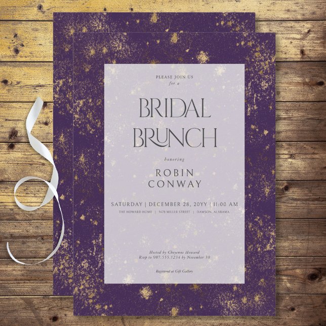 Convites Brunch Mínimo Roxo e Dourado de Brida de Lâmpada (Modern Minimal Purple & Gold Glitter Bridal Brunch Invitation)