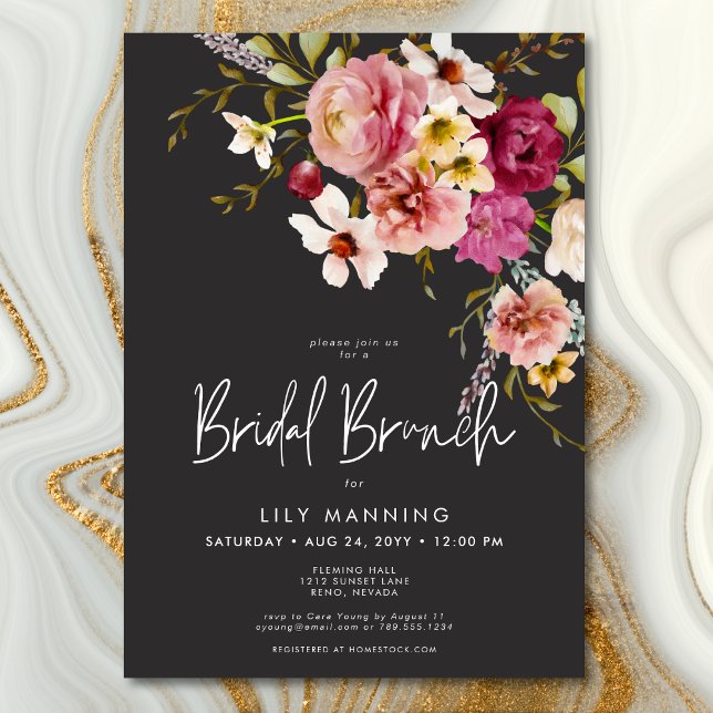 Convites Brunch Negra Floral Negra Floral Moderno Elegante (Modern Elegant Meadow Floral Black Bridal Brunch Invitation)