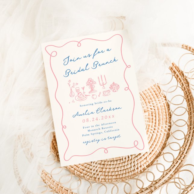 Convites Brunch Nupcial Azul e Rosa Desenhado à Mão Caprich (Criador carregado)