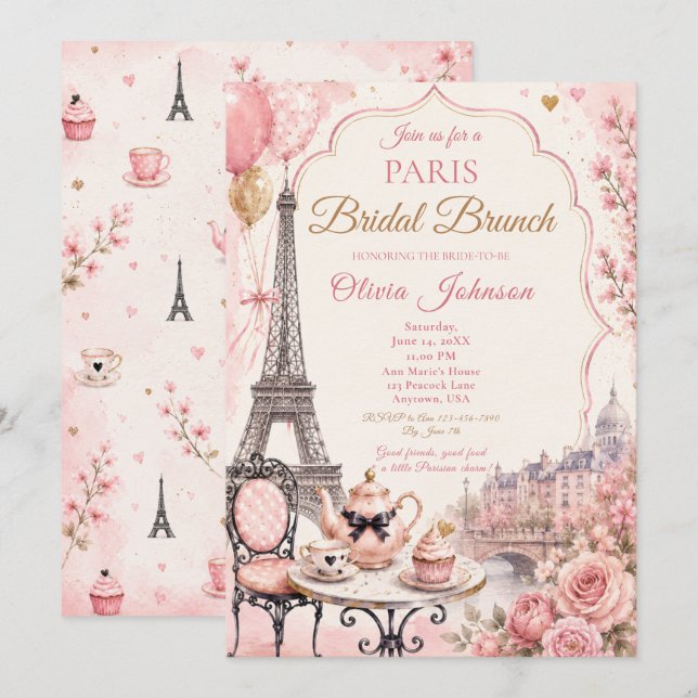 Convites Brunch Nupcial em Paris (Frente/Verso)