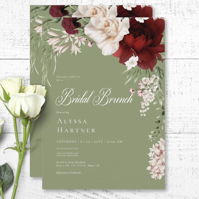 Convites Brunch Nupcial Floral Burgundy e Branco Rústico (Rustic White & Burgundy Floral Green Bridal Brunch Invitation)