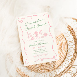Convites Brunch Nupcial Rosa e Verde Desenhado à Mão Capric