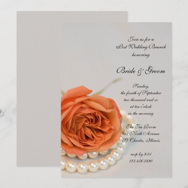 Convites Brunch Pós-Casamento Rosa Laranja e Pérolas Branca (Frente/Verso)