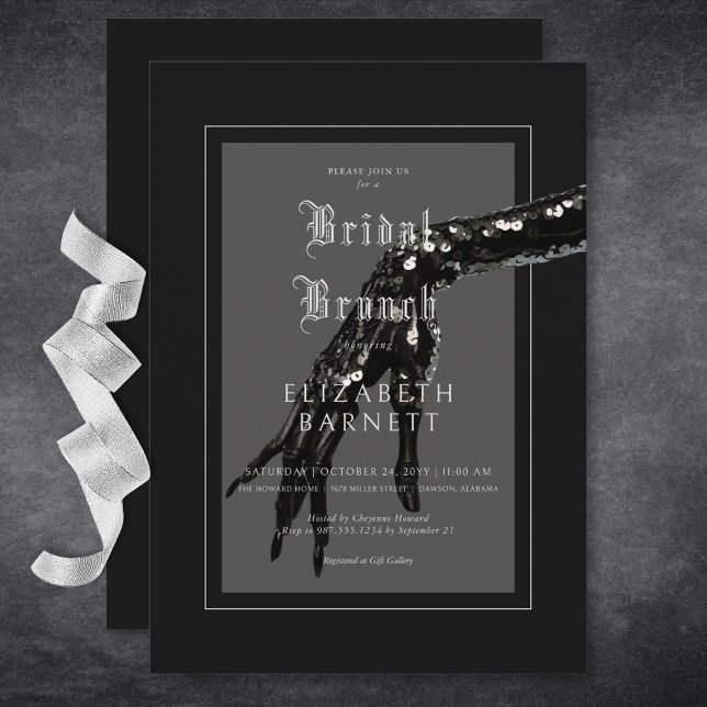 Convites Brunch Preto-Gótico Escuro Sequencial (Dark Gothic Black Sequin Hand Bridal Brunch Invitation)
