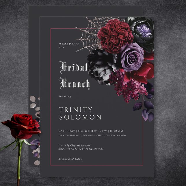 Convites Brunch Preto Negro Floral & Silver Web Bridal (Dark Black Floral & Silver Web Bridal Brunch Invitation)