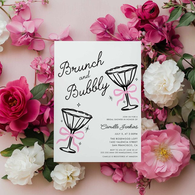 Convites Brunch Rosa e Desenho Mão Branca Invertida (Pink Brunch and Bubbly Bridal Shower Invitation)