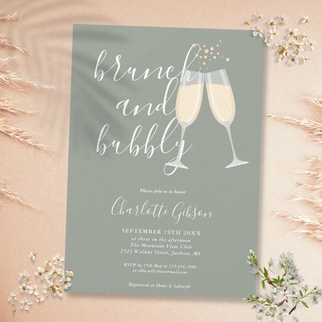 Convites Brunch - Script Chá de panela Sage Green (Brunch Bubbly Script Bridal Shower Sage Green Invitation)
