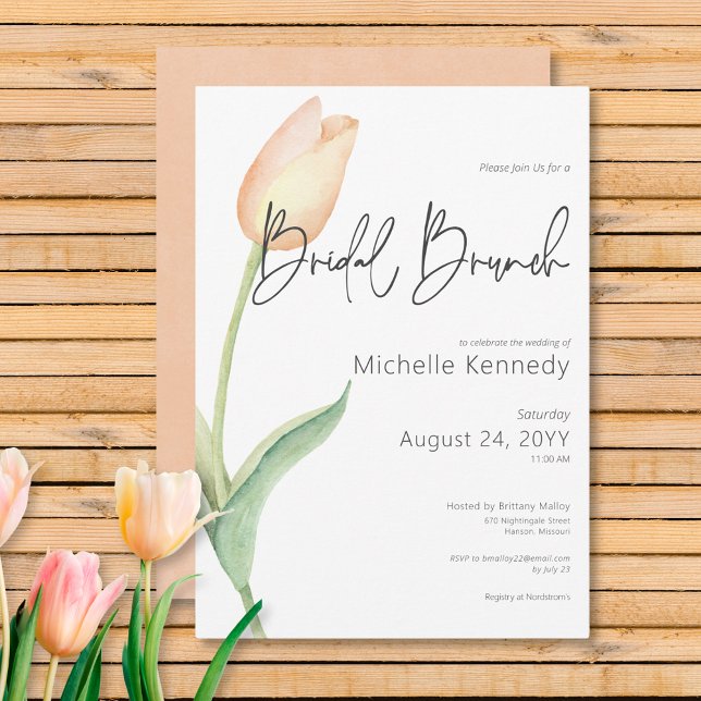 Convites Brunch Solo Bridal Moderno Peach (Modern Peach Tulip Solo Bridal Brunch Invitation)