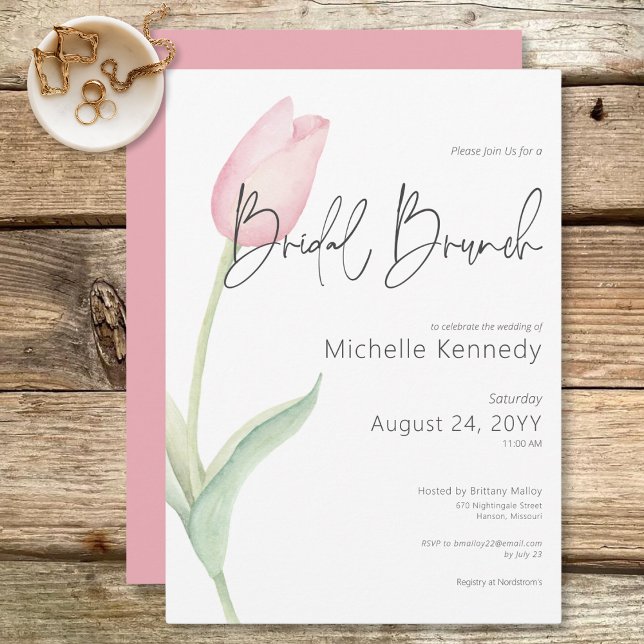 Convites Brunch Solo Bridal Rosa Moderno (Modern Pink Tulip Solo Bridal Brunch Invitation)