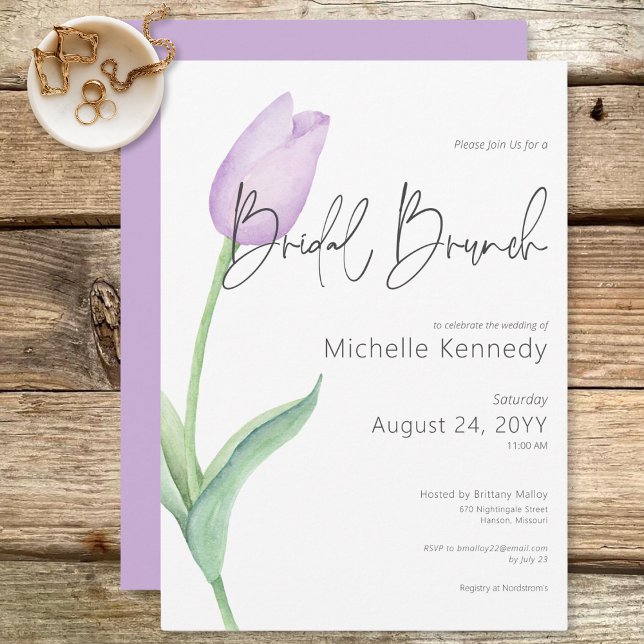 Convites Brunch Solo Bridal Roxo Moderno (Modern Purple Tulip Solo Bridal Brunch Invitation)
