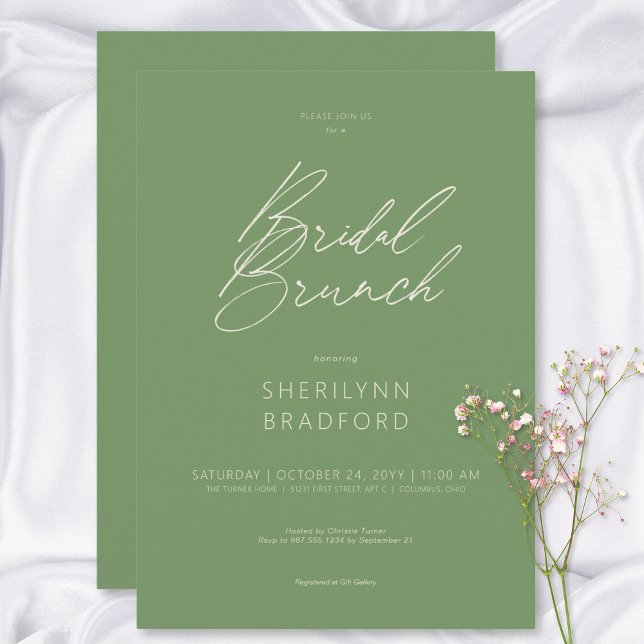 Convites Brunch Verde-Brida Moderno Mínimo (Modern Minimal Sage Green Bridal Brunch Invitation)