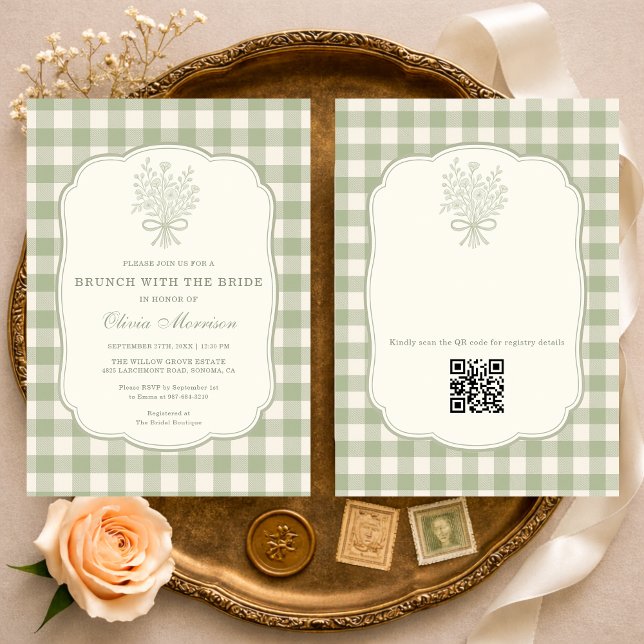 Convites Brunch with the Bride Gingham QR Code Shower  (Criador carregado)