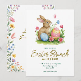 Convites Brunche de Páscoa com Bunny e Ovo em Aquarela Flor