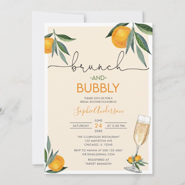 Convites Brunei Bridal do Flor Laranja e Bubbles Mimosa  (Frente)