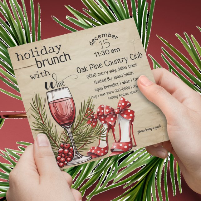 Convites Brunei Feriado Bonito com Festa de Vinho (Cute ladies holiday brunch invite with wine, pine and heels in red and hunter green. )