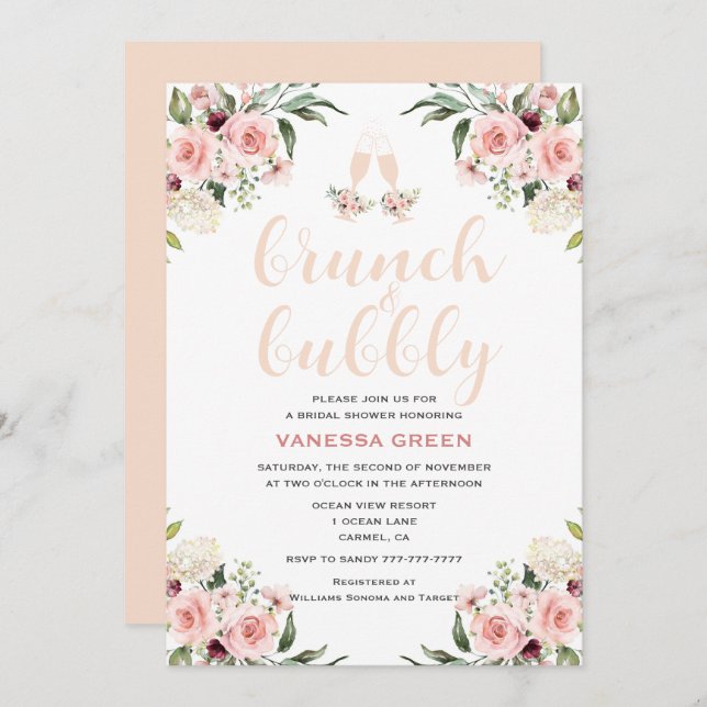 Convites Brunei Floral Rosa e Chá de panela Borracha (Frente/Verso)