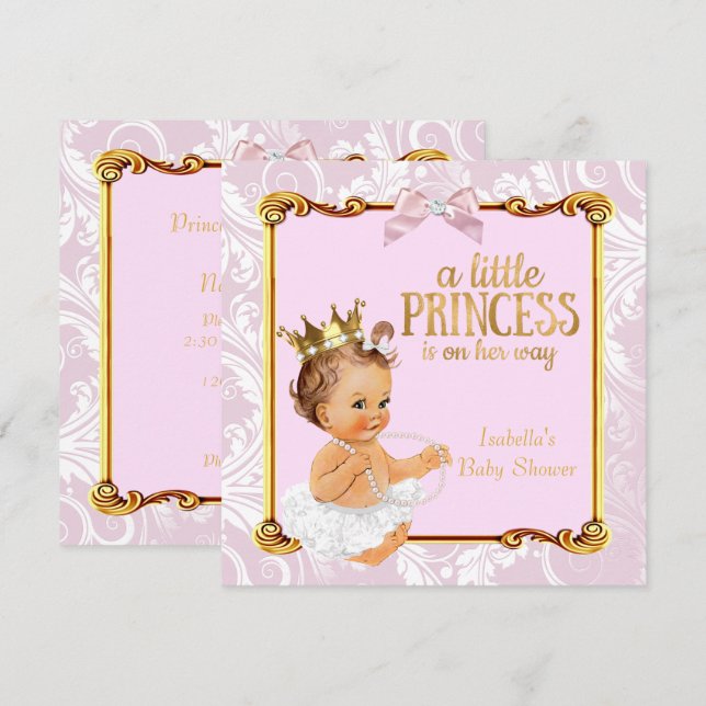 Convites Brunette Baby Princess Chá de fraldas Branco Rosa  (Frente/Verso)
