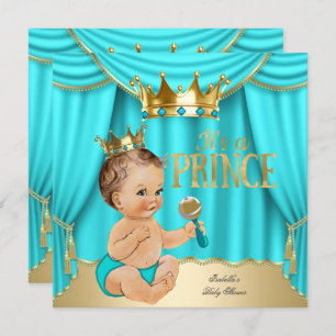 Convites Brunette Chá de fraldas Prince Aqua Blue Dourado C