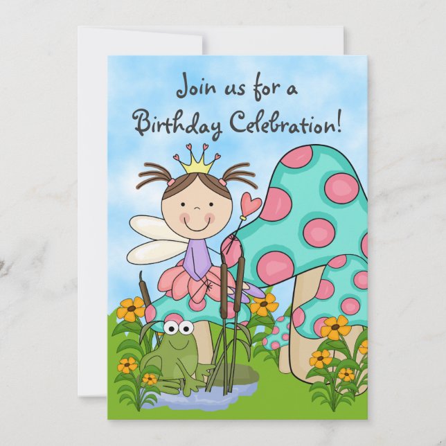 Convites Brunette Fairy Princess e Sapo Birthday Invite (Frente)