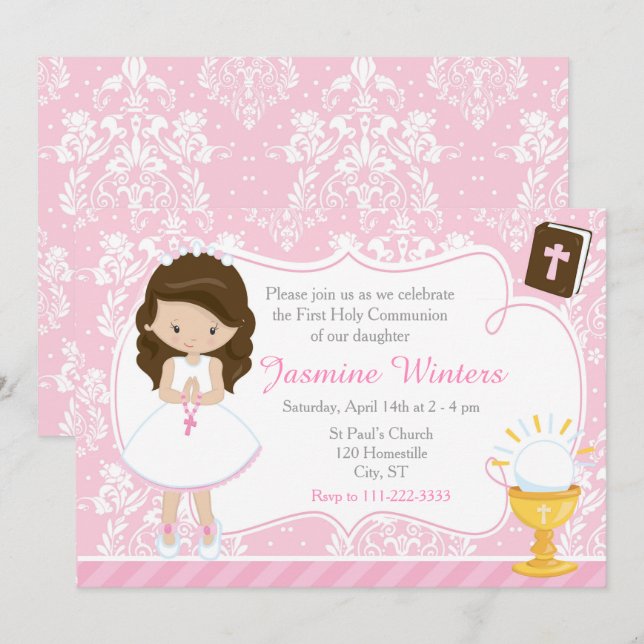 Convites Brunette Girl First Community Damask (Frente/Verso)