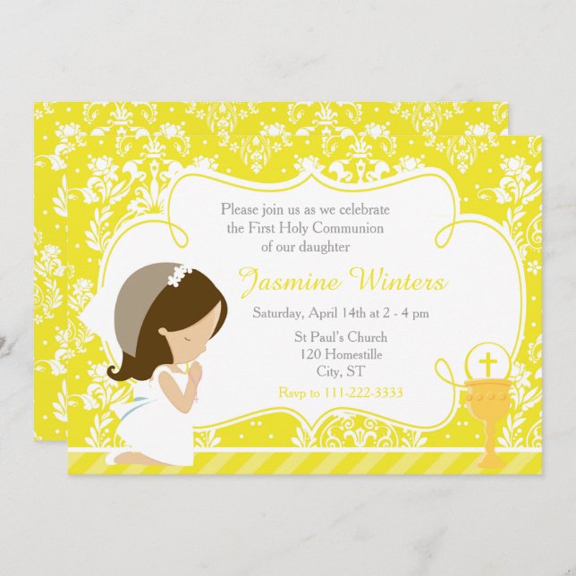 Convites Brunette Girl First Community Damask (Frente/Verso)
