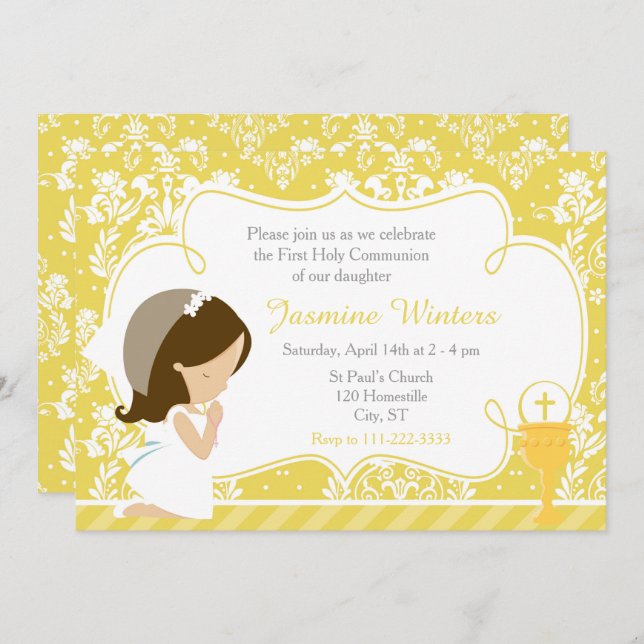 Convites Brunette Girl First Communy Dourado Damask (Frente/Verso)