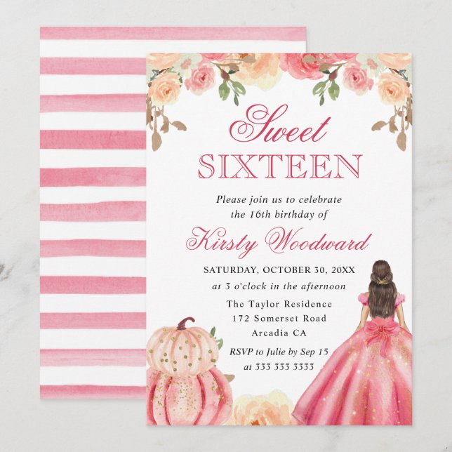 Convites Brunette in Pink Dress Floral Pumpkins Sweet 16 (Frente/Verso)