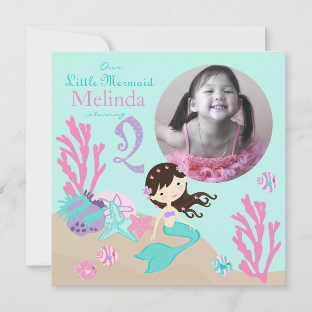 Convites Brunette Mermaid - Segundo Aniversário (Frente)