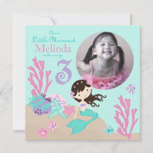 Convites Brunette Mermaid Terceiro Aniversário