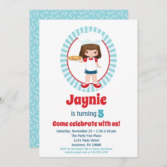 Convites Brunette Pizza Party Girthday (Frente/Verso)