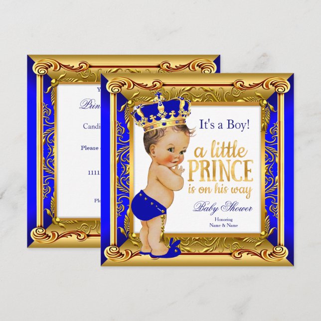 Convites Brunette Prince Chá de fraldas Blue Faux Dourado (Frente/Verso)