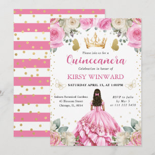 Convites Brunette Princesa de Quinze Anos de Vestido Rosa