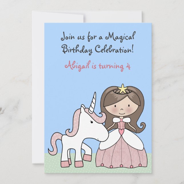 Convites Brunette Princess e Unicorn Aniversário (Frente)