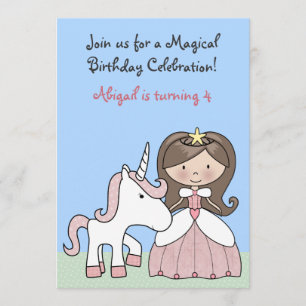Convites Brunette Princess e Unicorn Aniversário