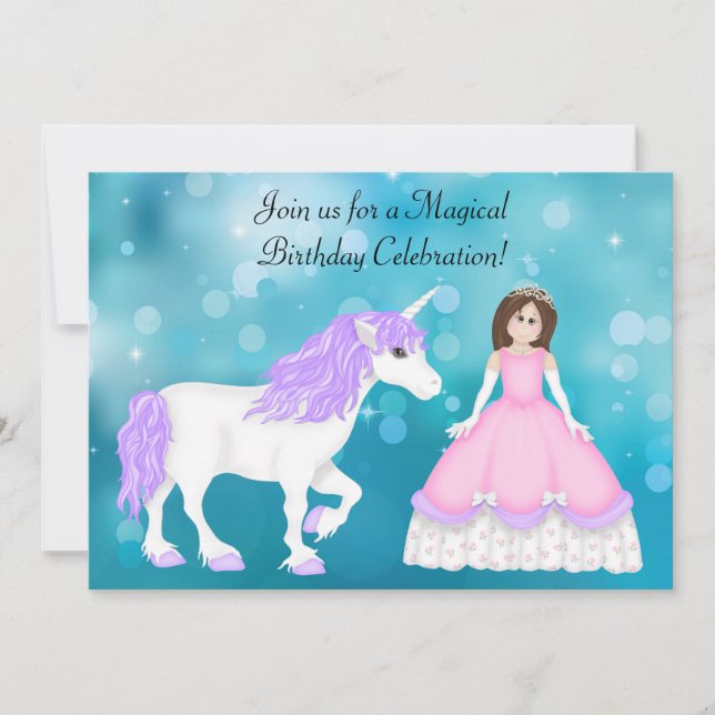 Convites Brunette Princess e Unicorn Aniversário (Frente)