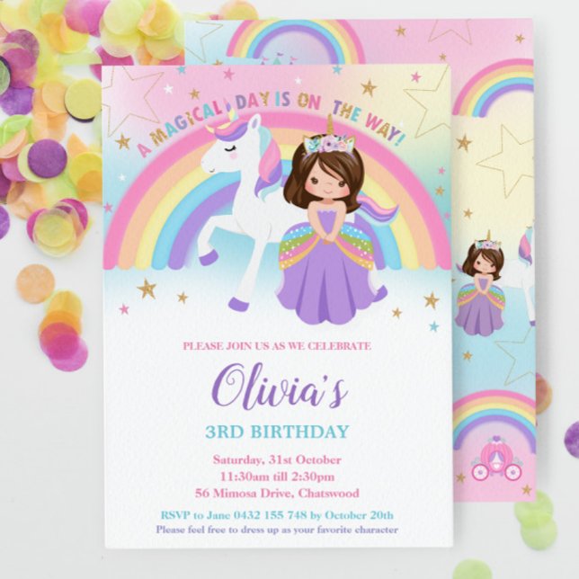 Convites Brunette Princess Unicorn Birthday Rainbow (Criador carregado)