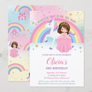 Convites Brunette Princess Unicorn Birthday Rainbow Inv