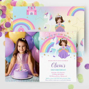 Convites Brunette Princess Unicorn Birthday Rainbow Photo