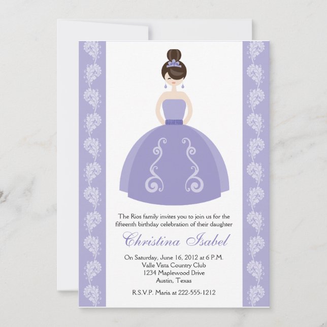 Convites Brunette Quinceanera, Vestido Roxo (Frente)