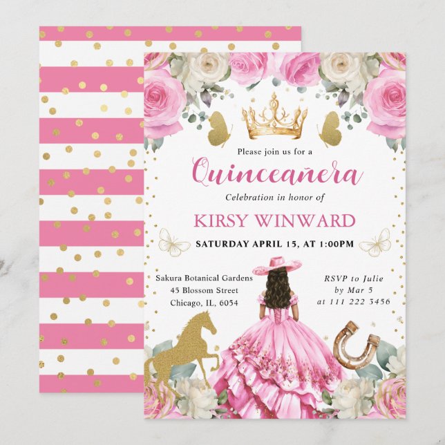 Convites Brunette Western Princess Quinceanera (Frente/Verso)