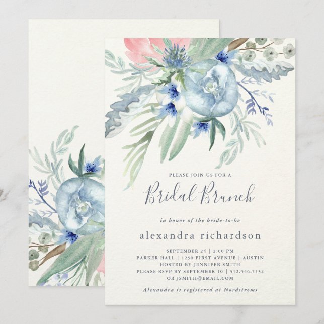 Convites Brunt Bridal de Peony Azul e Rosa (Frente/Verso)