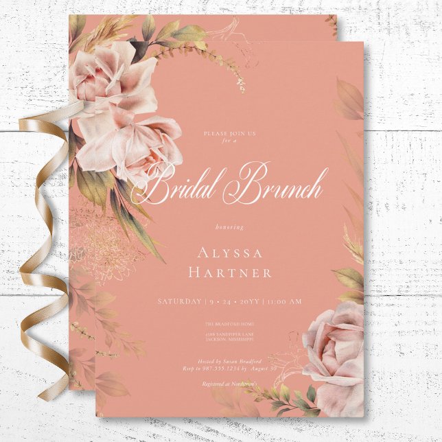 Convites Brunt de Rosas e Graus de Boho Blush (Boho Blush Roses & Grasses Bridal Brunch Invitation)