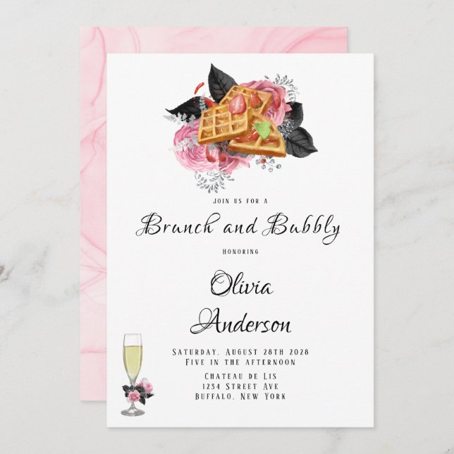 Convites Brunt e bubel preto-rosa luxuoso (Frente/Verso)