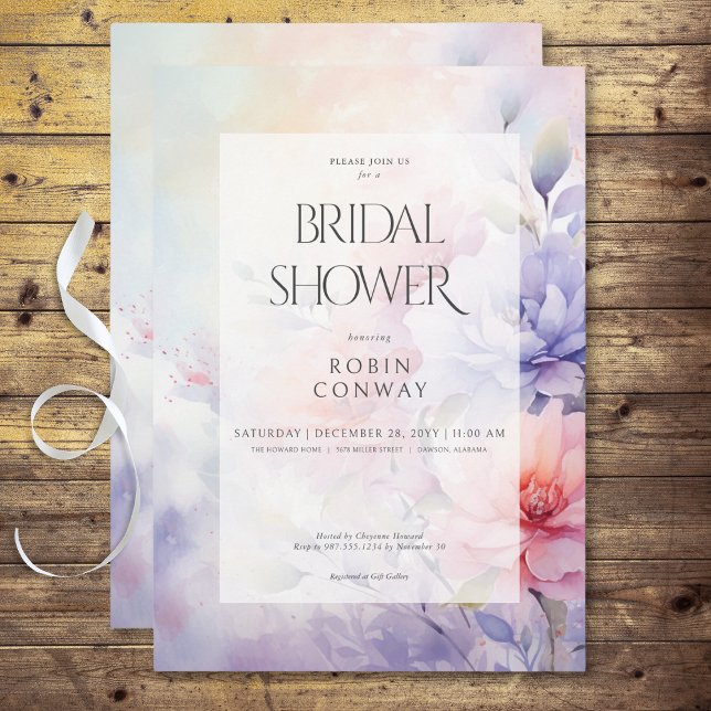 Convites Brunt Floral Romântico Roxo e Rosa (Romantic Blue Purple & Pink Floral Bridal Shower Invitation)