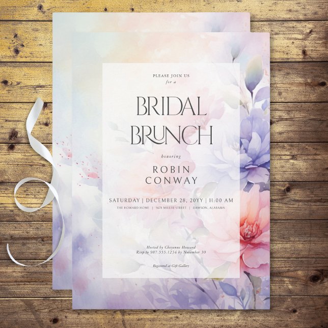 Convites Brunt Floral Romântico Roxo e Rosa (Romantic Blue Purple & Pink Floral Bridal Brunch Invitation)