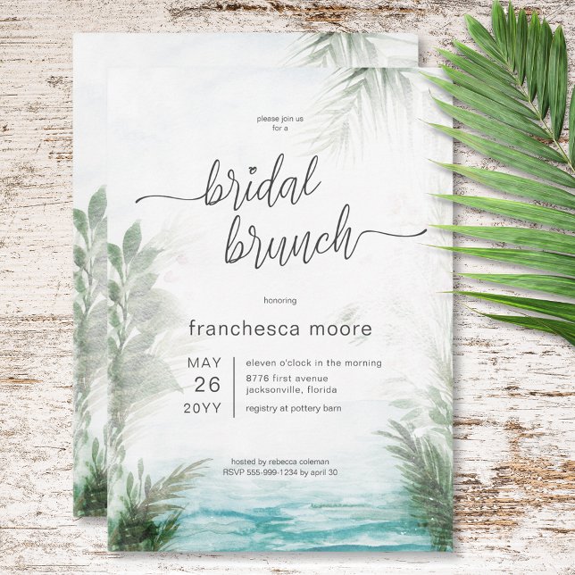 Convites Brunt Moderno de Água Tropical e Palmas (Modern Tropical Water & Palms Bridal Brunch Invitation)