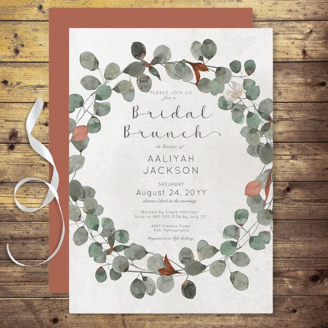 Convites Brunt Moderno de Ferrugem e Eucalyptus Verde (Rust & Green Eucalyptus Modern Bridal Brunch Invitation)